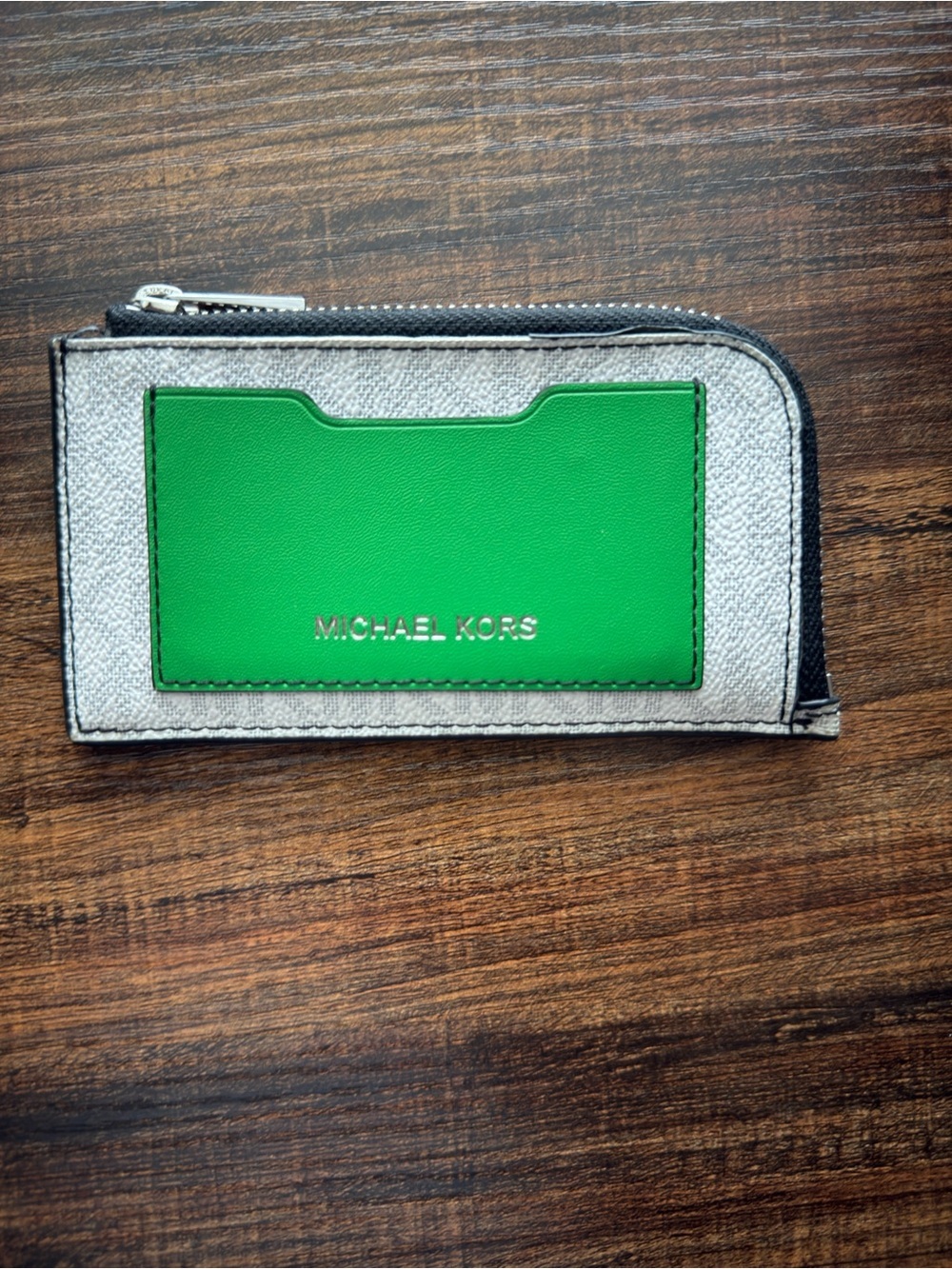 Michael Kors Green & Gray Zip Card Holder Wallet Coin Purse